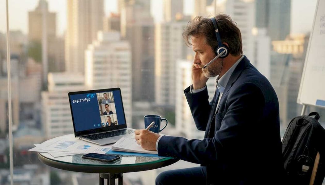 Un homme d'affaires portant un micro-casque passe un appel vidéo sur un ordinateur portable pour coordonner une structure de portage salarial international depuis un bureau en hauteur.
