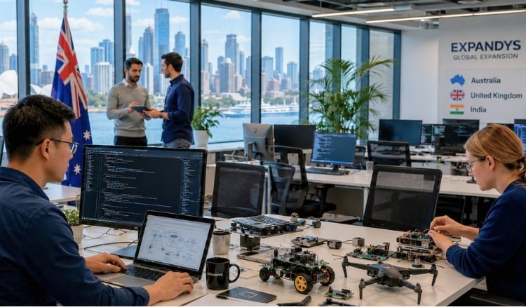 Des ingénieurs logiciels et des spécialistes en R&D travaillant dans un bureau technologique australien moderne, avec l'Opéra de Sydney en arrière-plan.