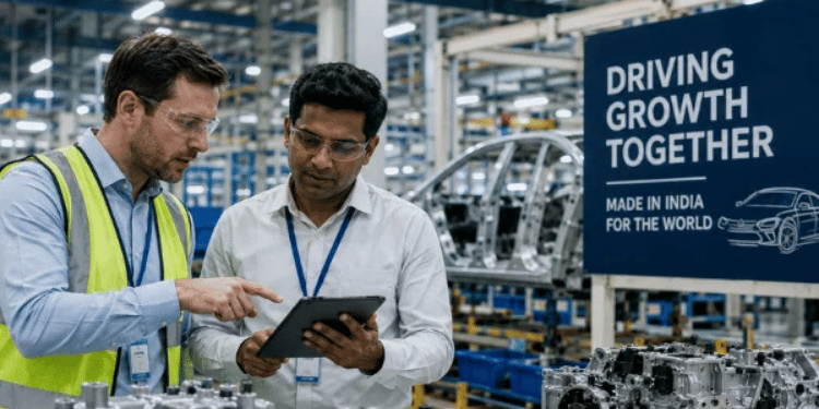 Deux ingénieurs de l'automobile examinent des données de production sur une tablette à côté d'un panneau indiquant « Made in India for the World » dans une usine moderne de fabrication de voitures.