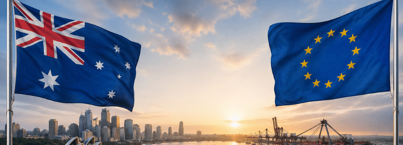 Australian and EU flags waving over Sydney Harbor and a cargo container ship at sunrise.