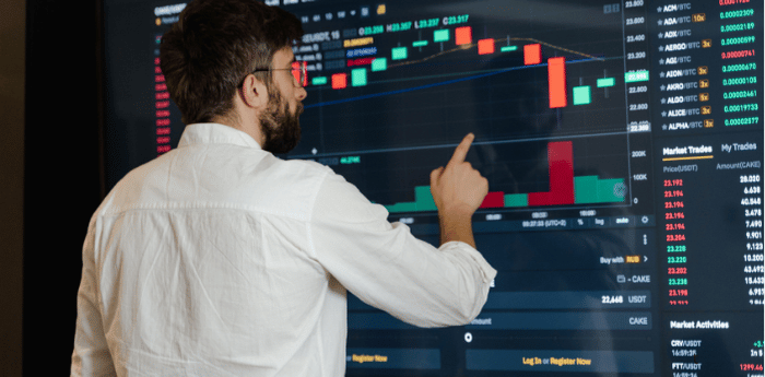 Business professional analyzing Australian stock market performance on a large financial trading screen during a 2026 market review.