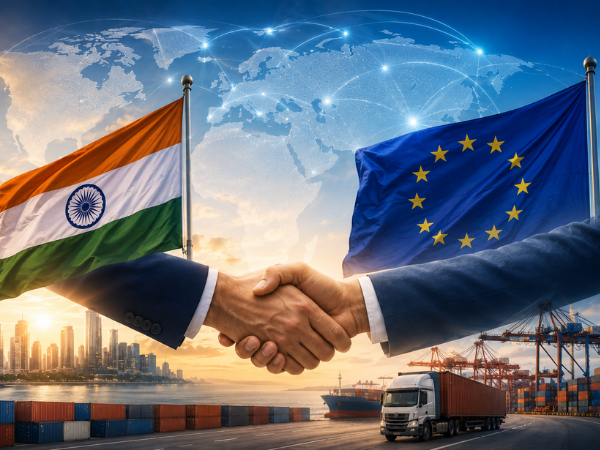 India–Europe trade partnership illustration showing business handshake, Indian and EU flags, logistics and global trade networks representing India’s 2026 trade agreements and investment opportunities.