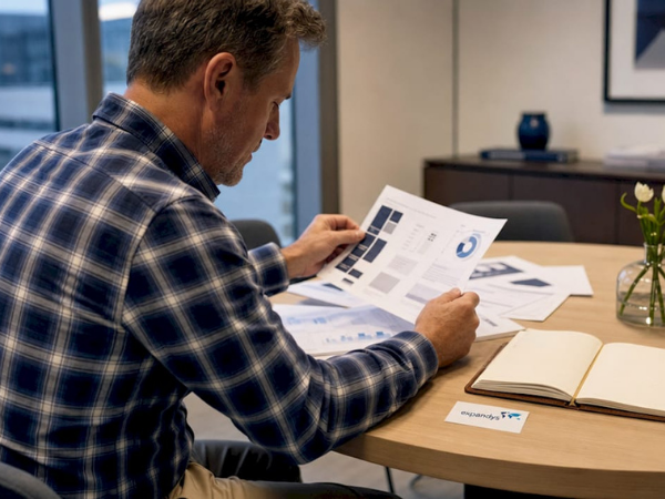 Business professional reviewing international business model and market expansion strategy reports.