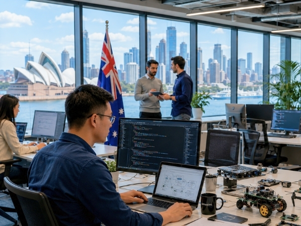 Software engineers and R&D specialists working in a modern Australian technology office with the Sydney Opera House in the background.