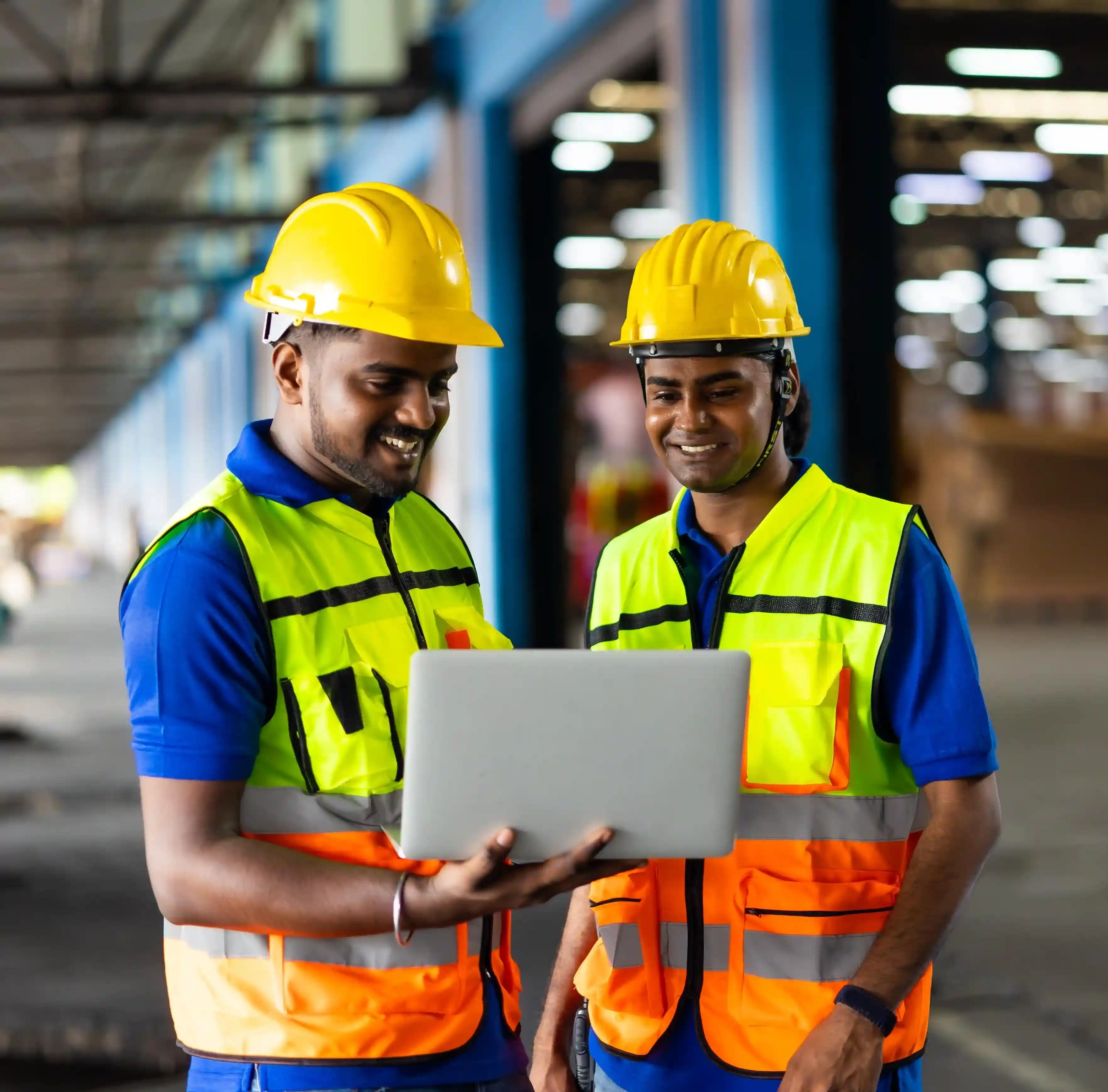 Industrie-Lieferkettenarbeiter verwalten die Logistik auf einem Laptop in einer Anlage