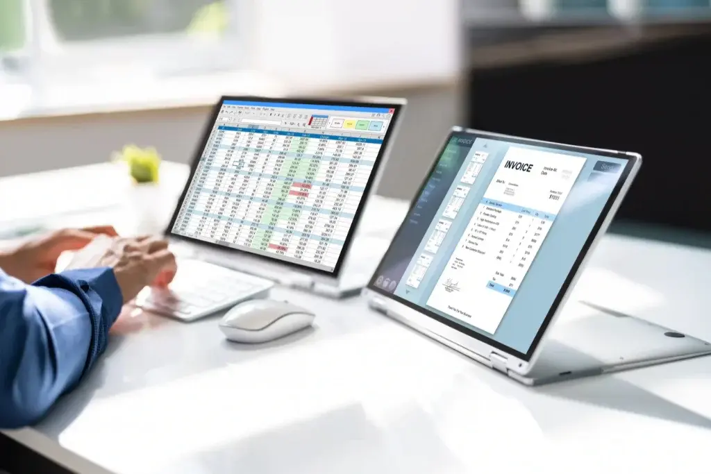 Person typing on a dual-screen laptop displaying a spreadsheet and invoice. 